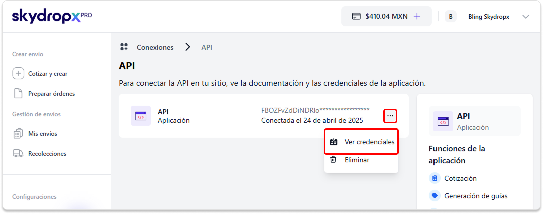 skydropx - ver credenciales - tres puntos.png