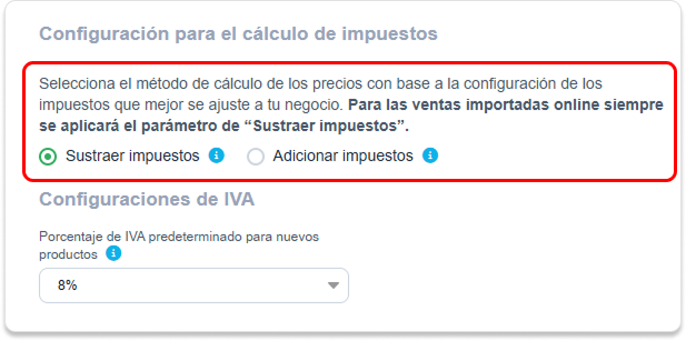 sustraer o adicionar - configuración para el cálculo de impuestos - menu - config.png